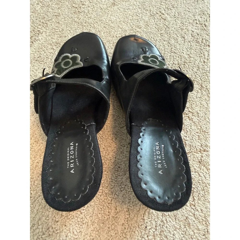 Arizona Jean Company Black Floral Wedge Mules Green Velvet Flower Sz 7-7.5 (Y2K)